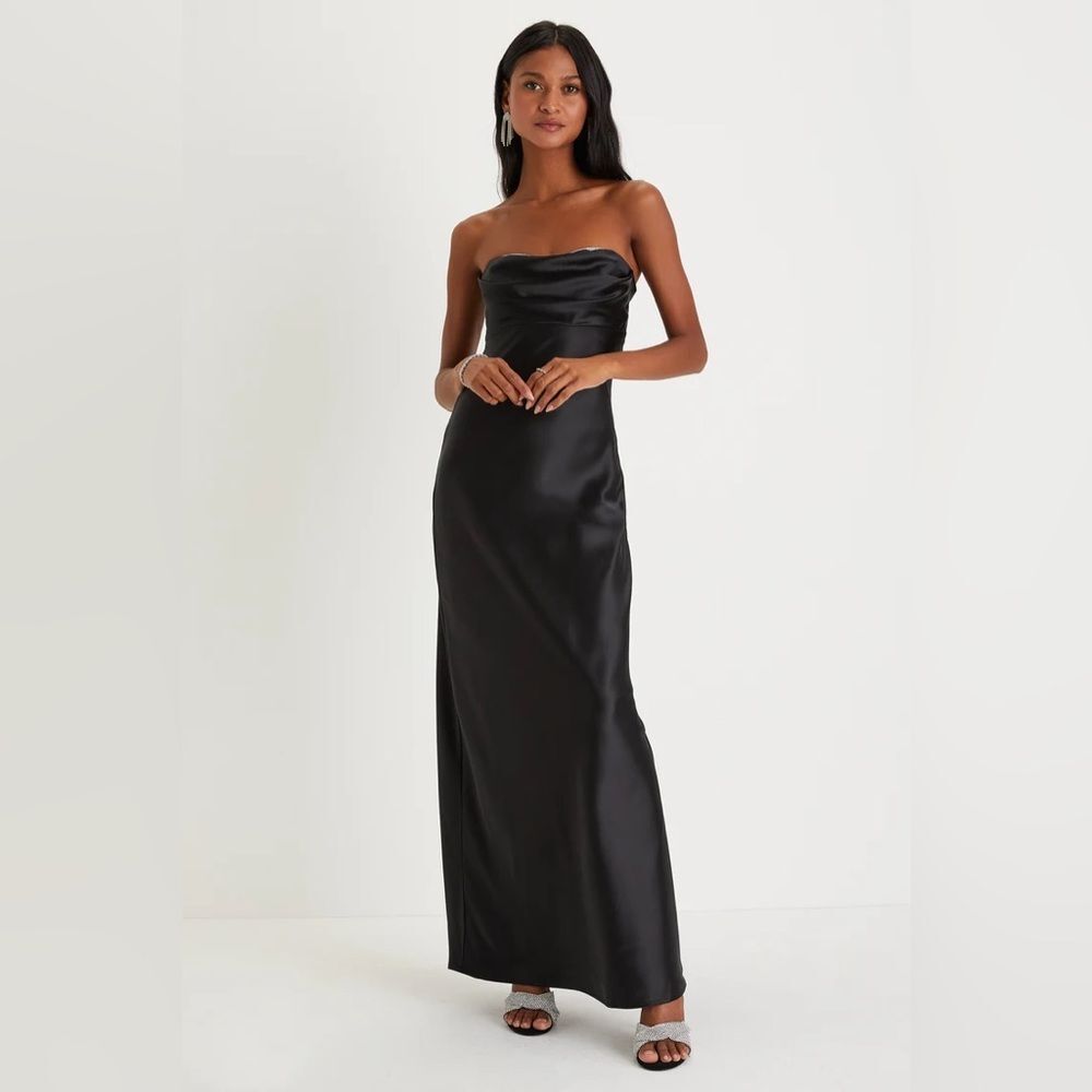 Lulus Exquisite Shine Black Satin Rhinestone Strapless Maxi Dress